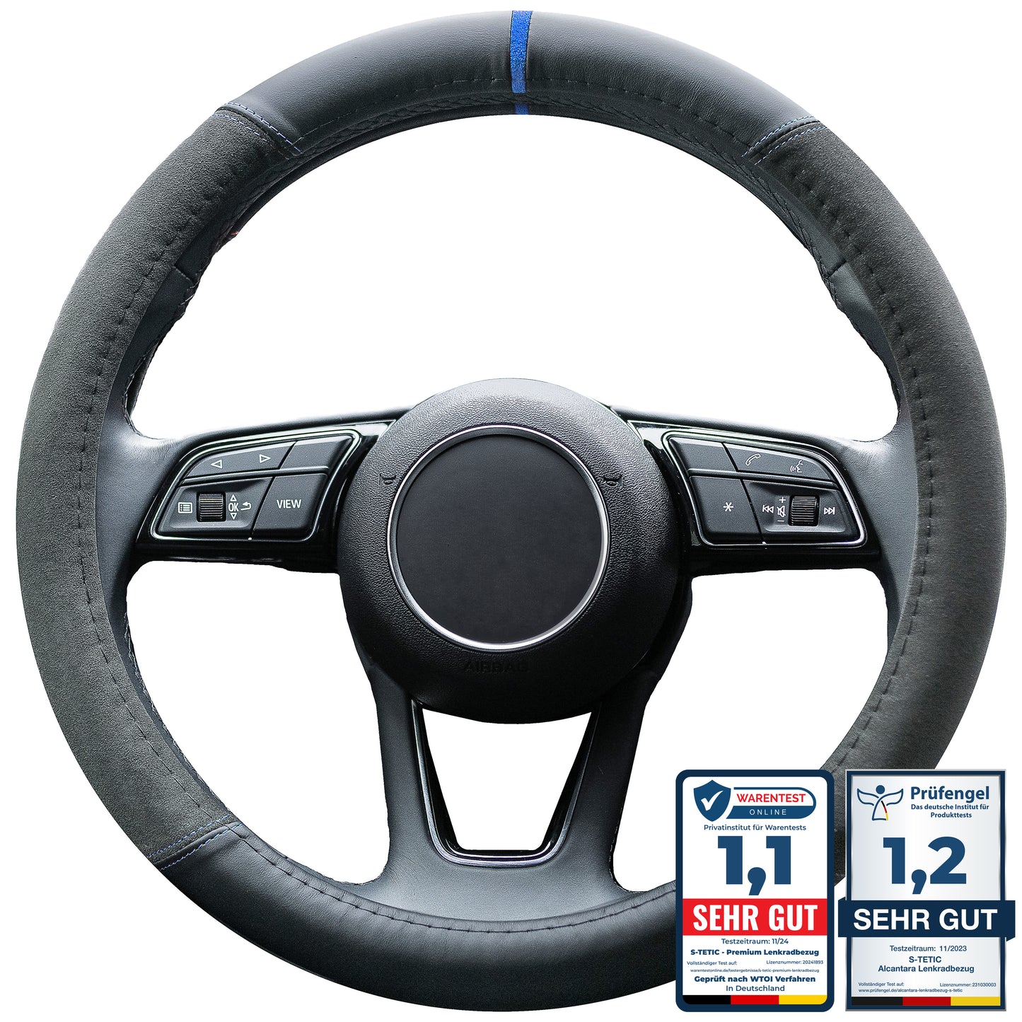 S-Tetic® Premium Lenkradbezug | Alcantara + Nappaleder | mit blauer 12-Uhr-Markierung