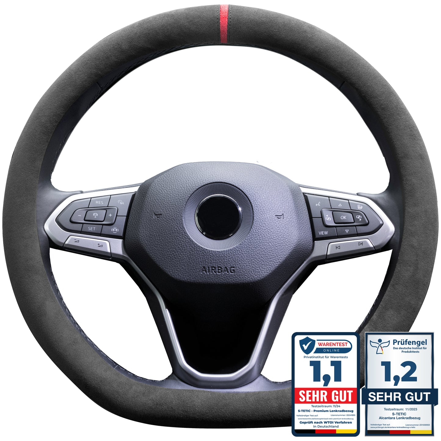 S-Tetic® Premium Alcantara Lenkradbezug – für Sportlenkräder | D-Form | Rote 12-Uhr-Markierung