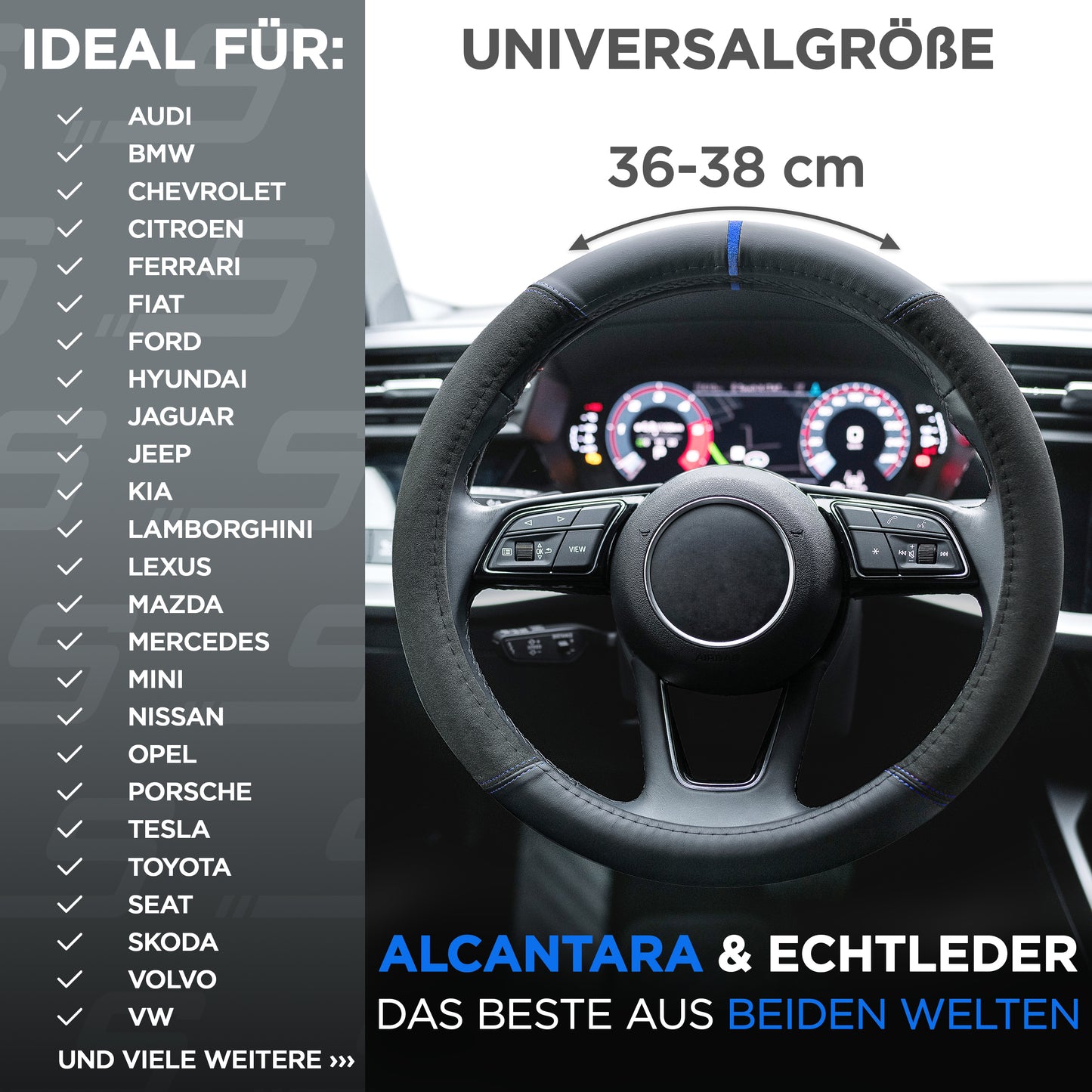 S-Tetic® Premium Lenkradbezug | Alcantara + Nappaleder | mit blauer 12-Uhr-Markierung