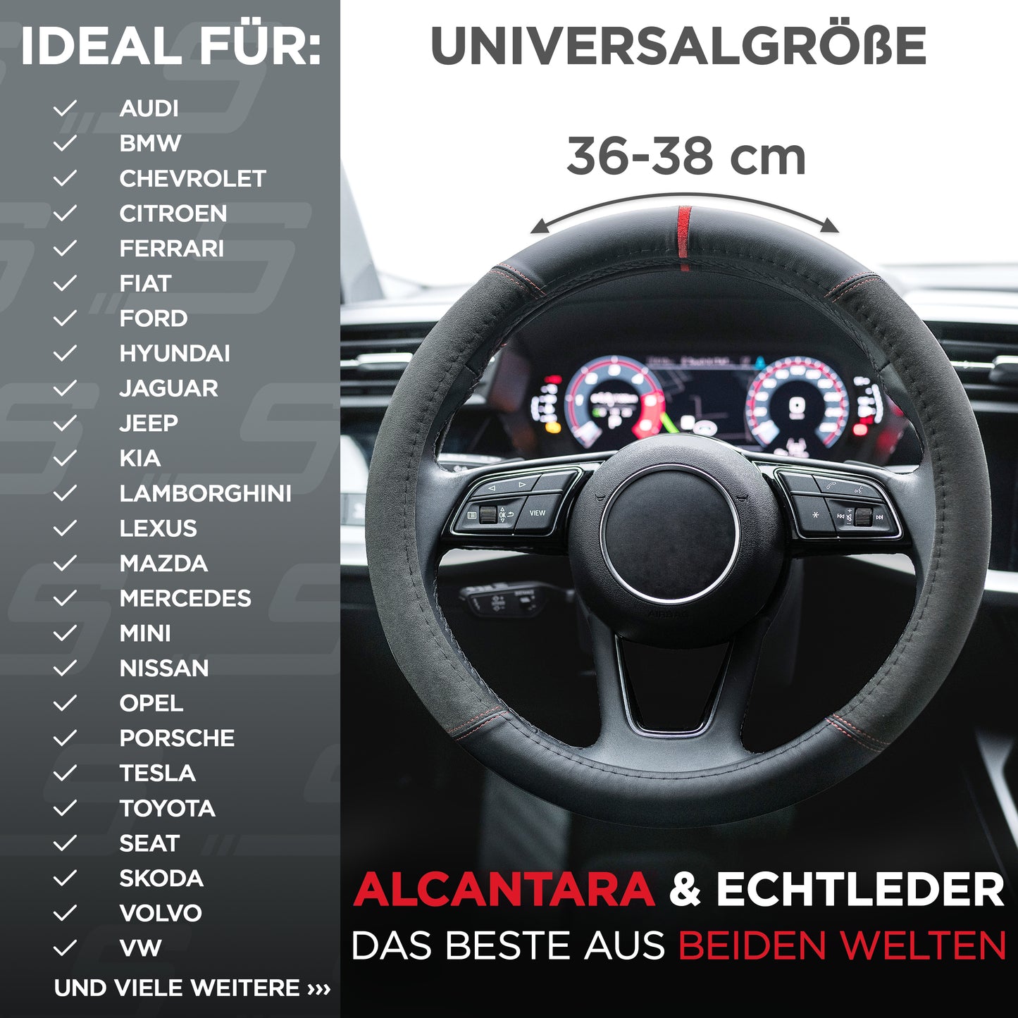 S-Tetic® Premium Lenkradbezug | Alcantara + Nappaleder | mit roter 12-Uhr-Markierung