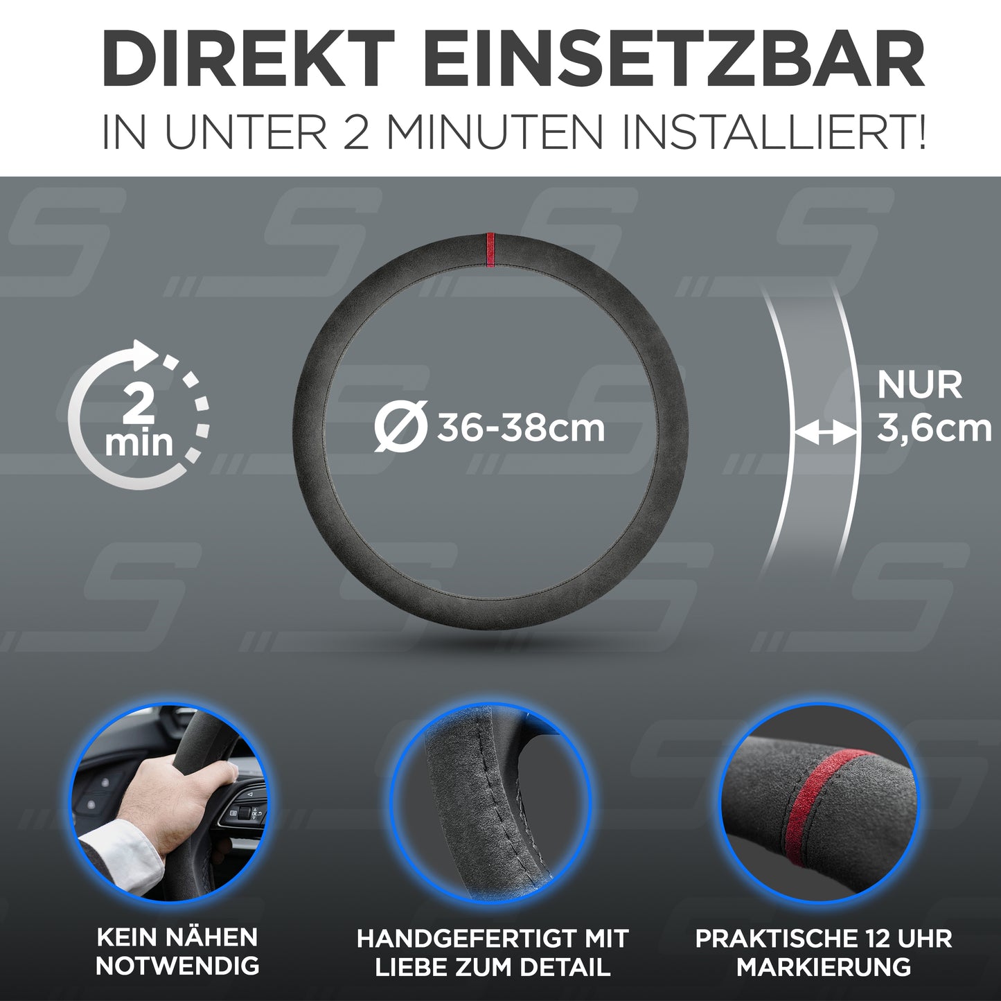 S-Tetic® Premium Alcantara Lenkradbezug mit roter 12-Uhr-Markierung