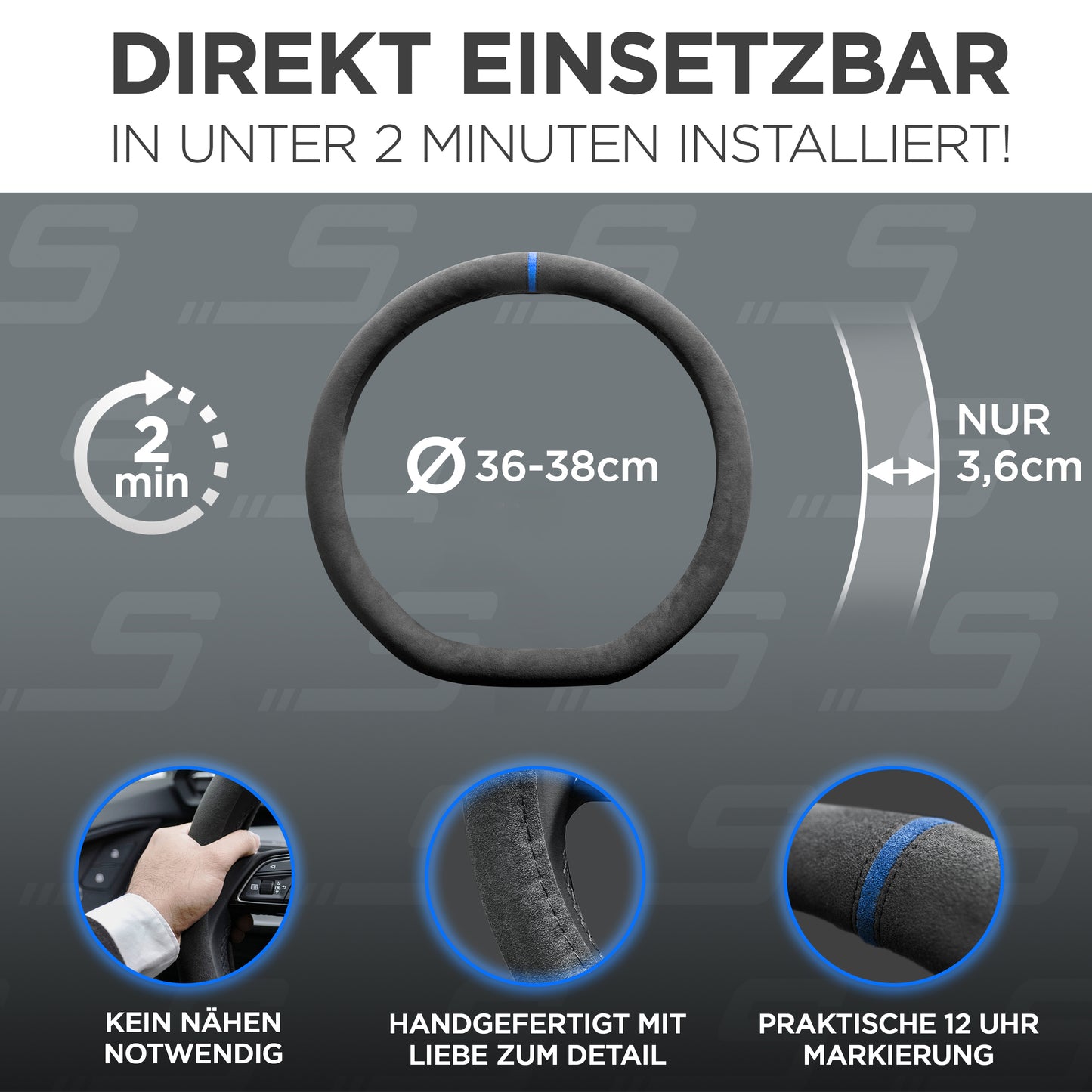 S-Tetic® Premium Alcantara Lenkradbezug – für Sportlenkräder | D-Form | Blaue 12-Uhr-Markierung