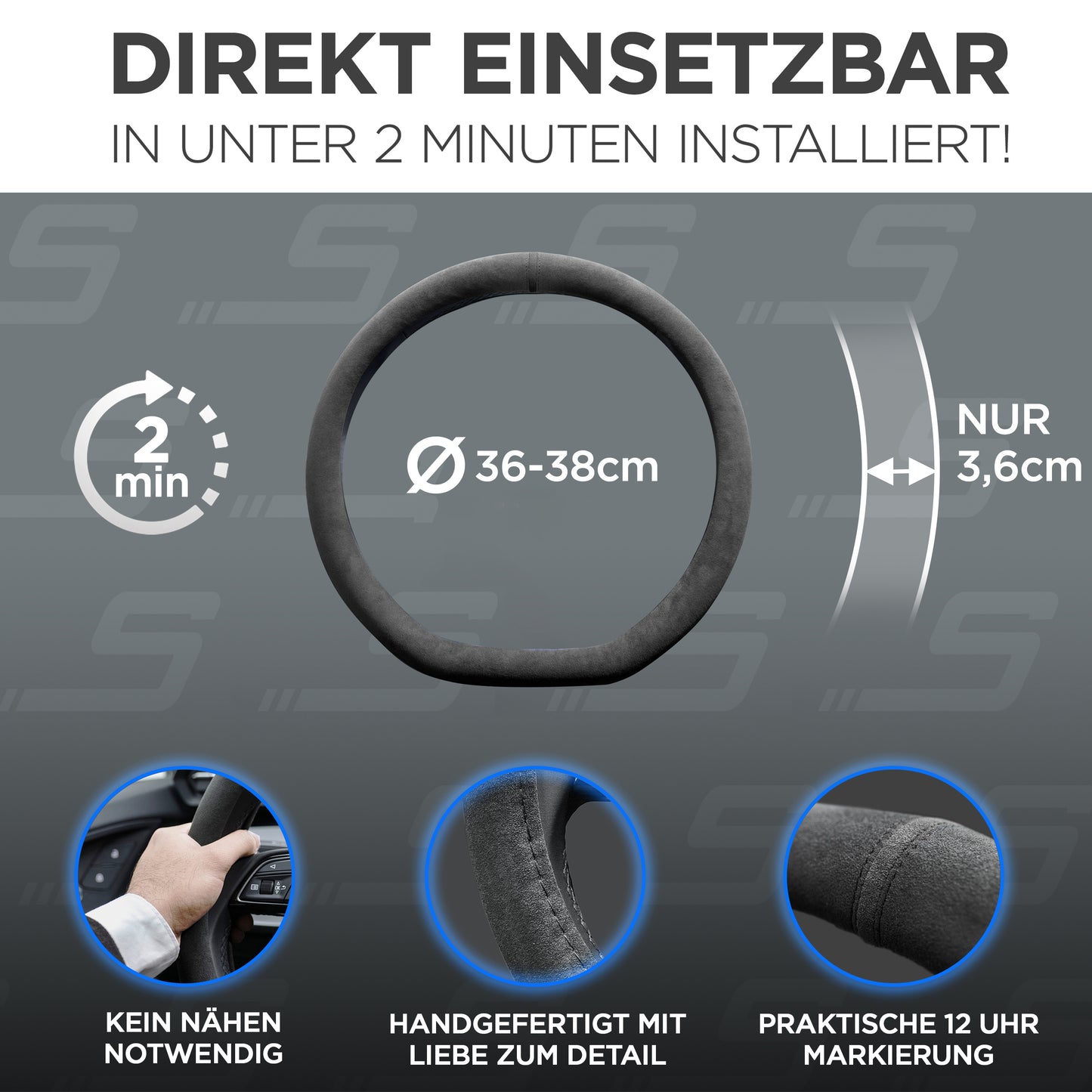 S-Tetic® Premium Alcantara Lenkradbezug – für Sportlenkräder | D-Form | Schwarze 12-Uhr-Markierung