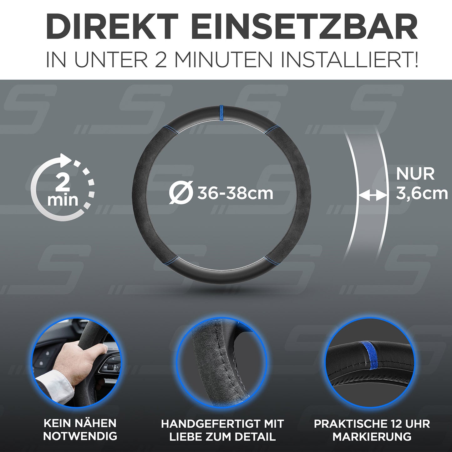 S-Tetic® Premium Lenkradbezug | Alcantara + Nappaleder | mit blauer 12-Uhr-Markierung