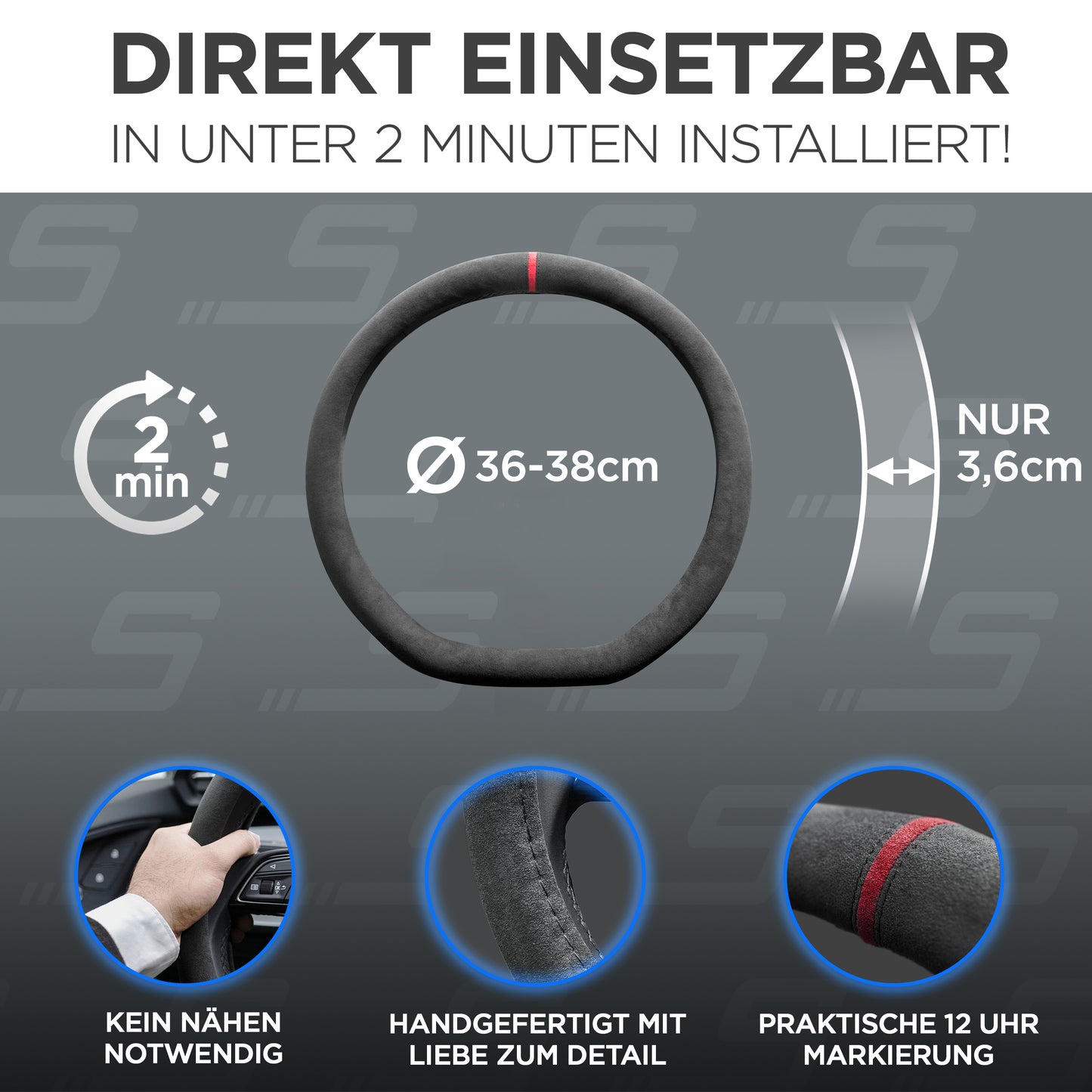 S-Tetic® Premium Alcantara Lenkradbezug – für Sportlenkräder | D-Form | Rote 12-Uhr-Markierung