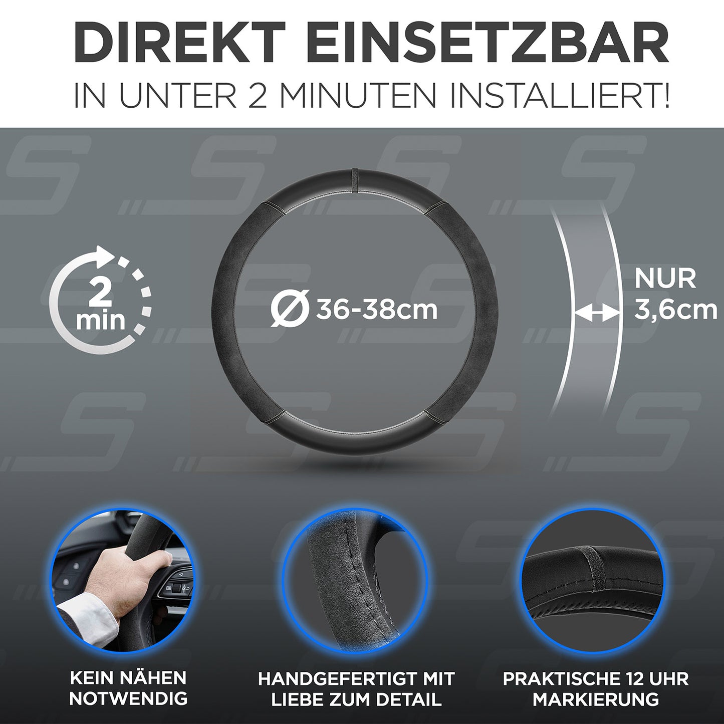 S-Tetic® Premium Lenkradbezug | Alcantara + Nappaleder | mit schwarzer 12-Uhr-Markierung