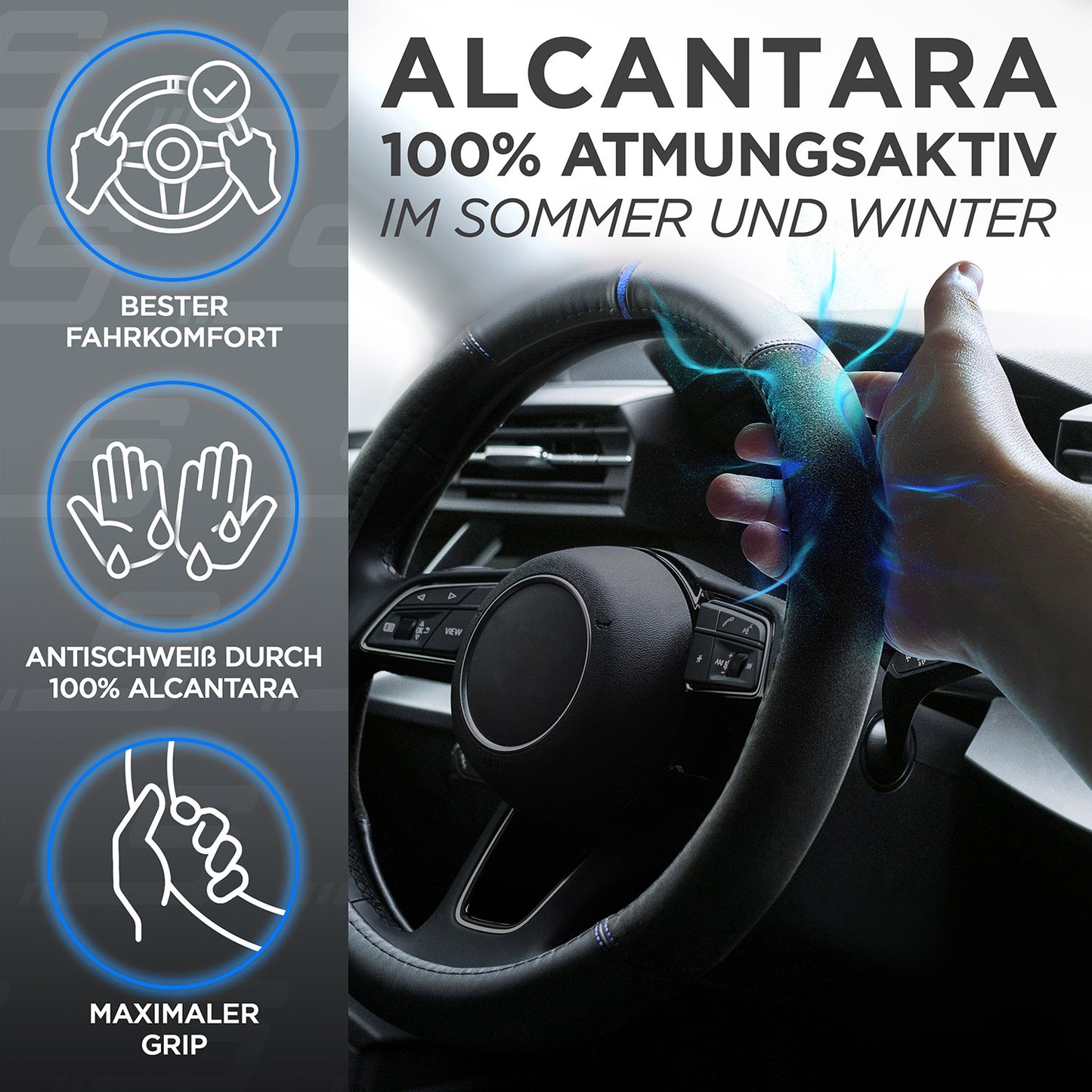 S-Tetic® Premium Lenkradbezug | Alcantara + Nappaleder | mit blauer 12-Uhr-Markierung