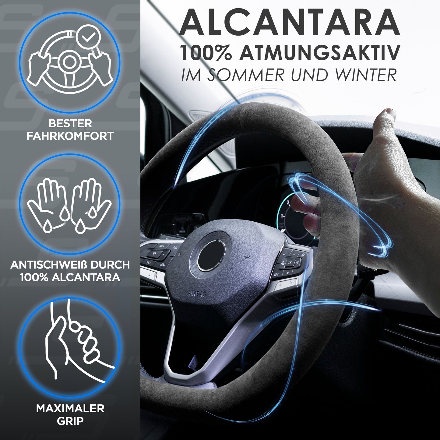 S-Tetic® Premium Alcantara Lenkradbezug – für Sportlenkräder | D-Form | Schwarze 12-Uhr-Markierung