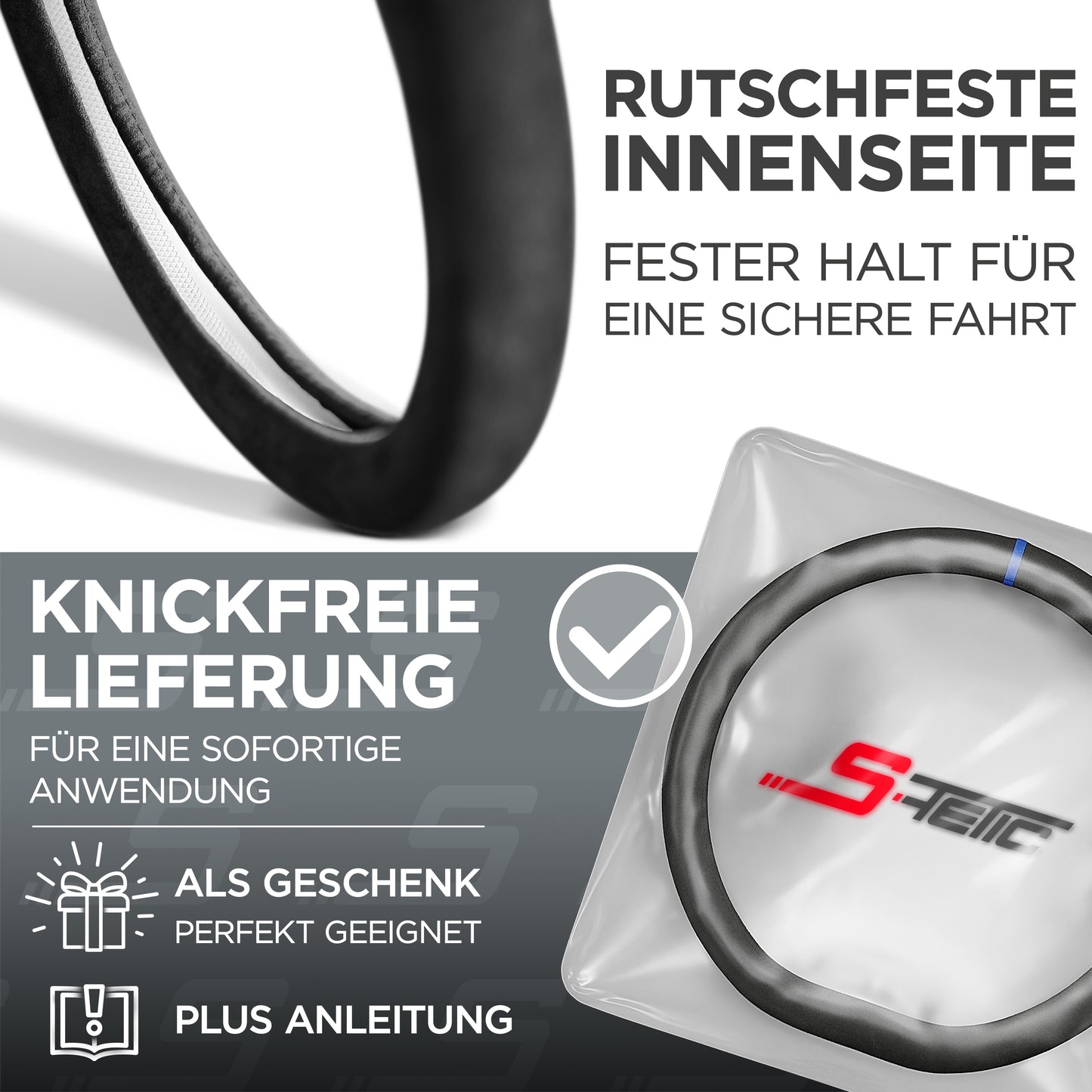 S-Tetic® Premium Alcantara Lenkradbezug – für Sportlenkräder | D-Form | Blaue 12-Uhr-Markierung