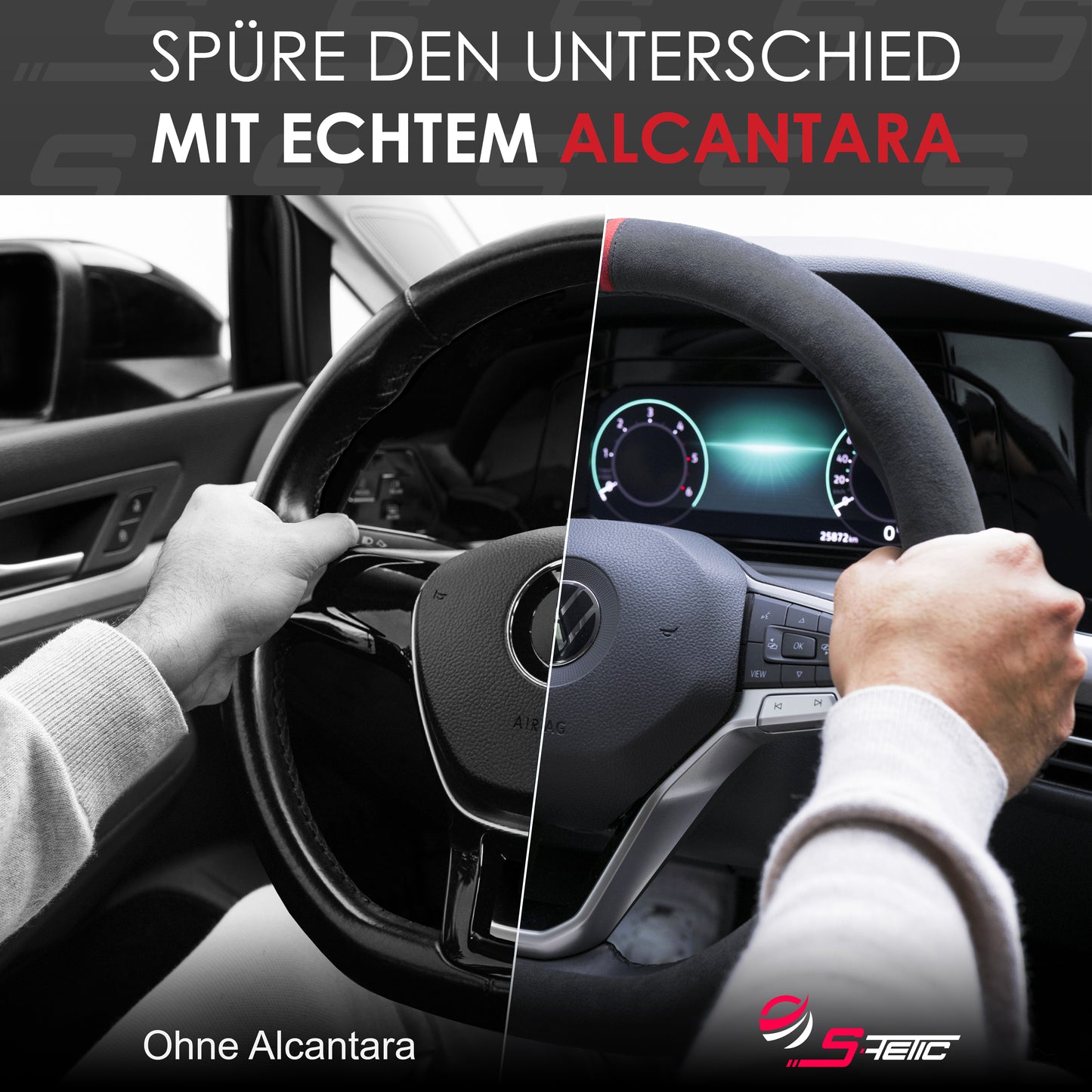 S-Tetic® Premium Alcantara Lenkradbezug – für Sportlenkräder | D-Form | Rote 12-Uhr-Markierung