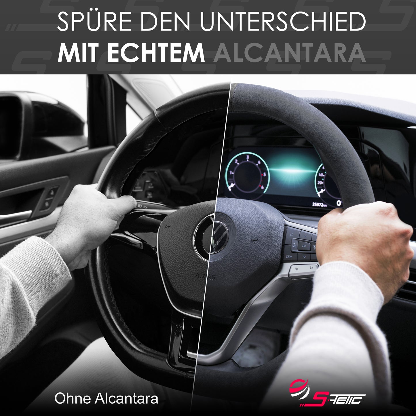 S-Tetic® Premium Alcantara Lenkradbezug – für Sportlenkräder | D-Form | Schwarze 12-Uhr-Markierung