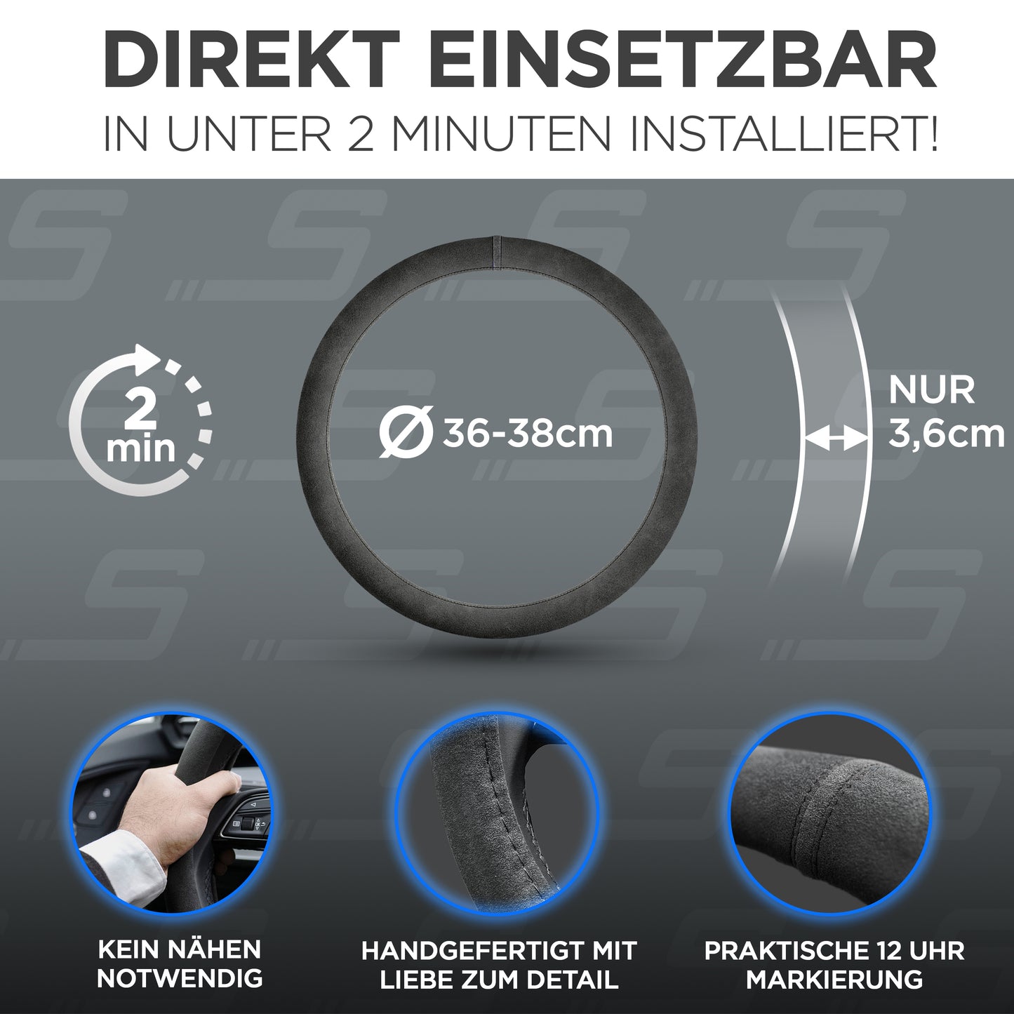 S-Tetic® Premium Alcantara Lenkradbezug mit schwarzer 12-Uhr-Markierung