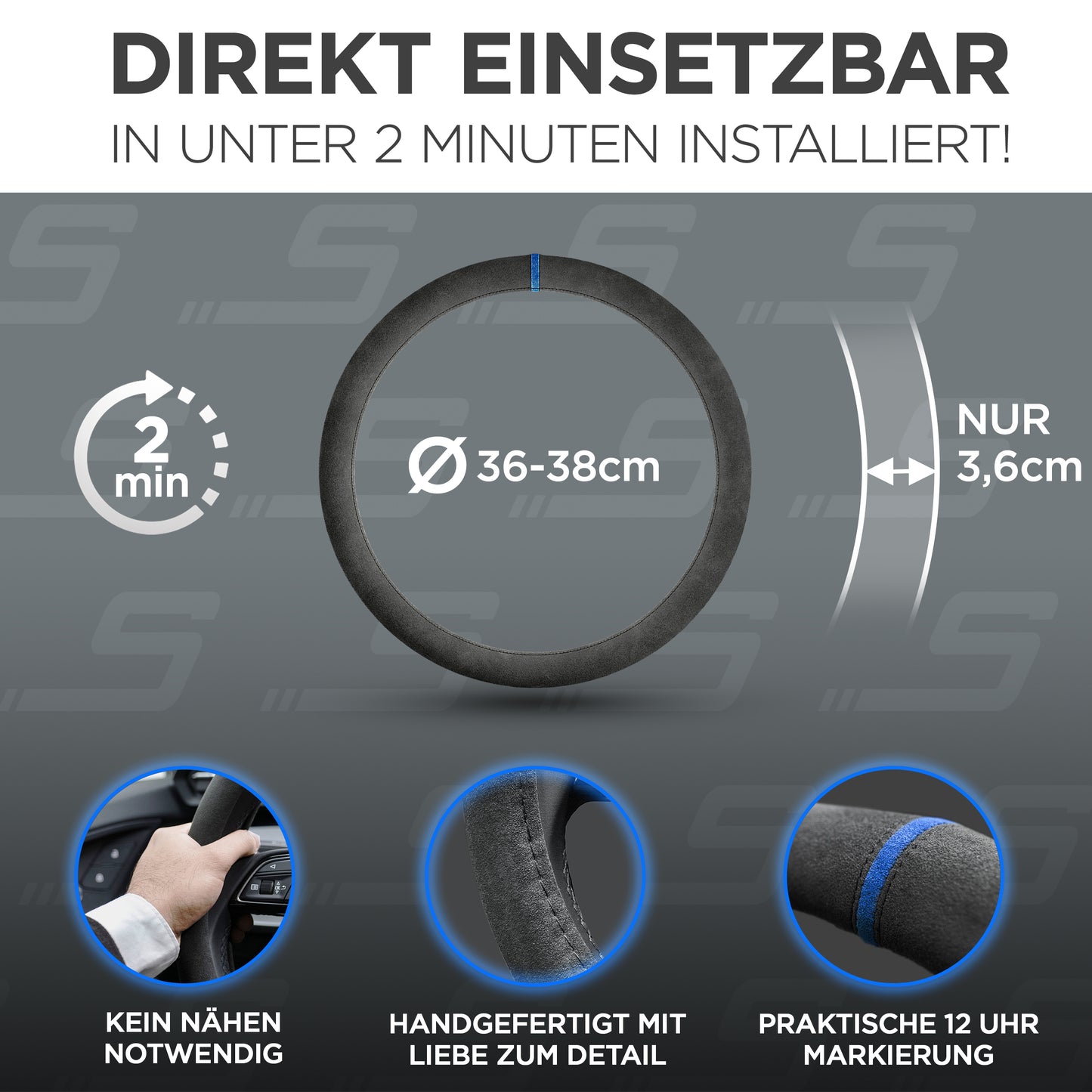 S-Tetic® Premium Alcantara Lenkradbezug mit blauer 12-Uhr-Markierung